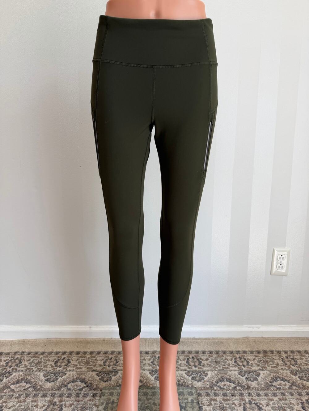 Athleta Rainier Leggings Olive Green Fleece Lined Zip Pockets Sz M